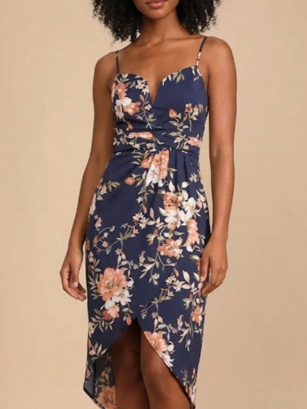 Lulus My Favorite Day Navy Floral Strappy Midi Dress Tulip Skirt NWT